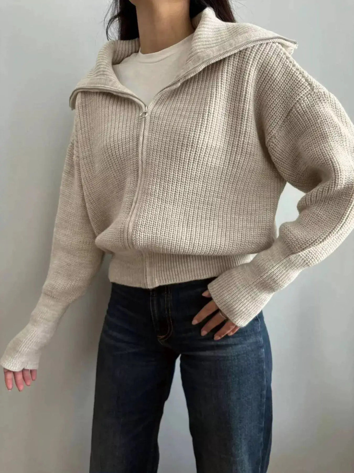 Zip Up Dropped Shoulder Cardigan - Bitsy Gypsy Boutique