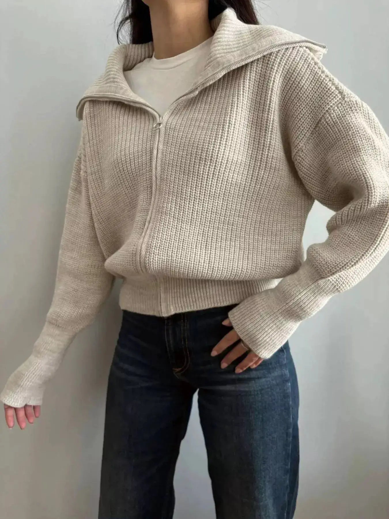 Zip Up Dropped Shoulder Cardigan - Bitsy Gypsy Boutique