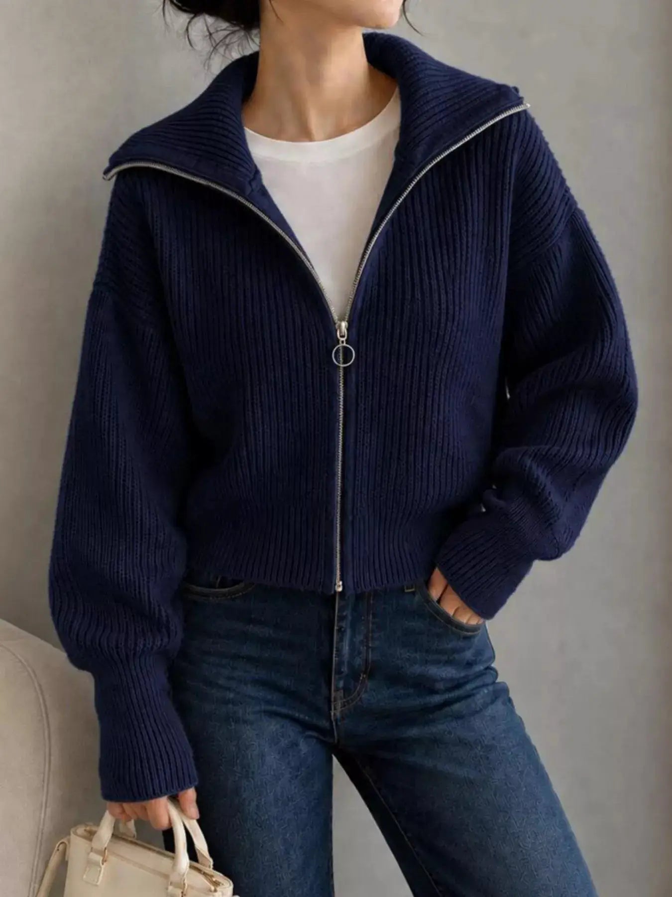 Zip Up Dropped Shoulder Cardigan - Bitsy Gypsy Boutique
