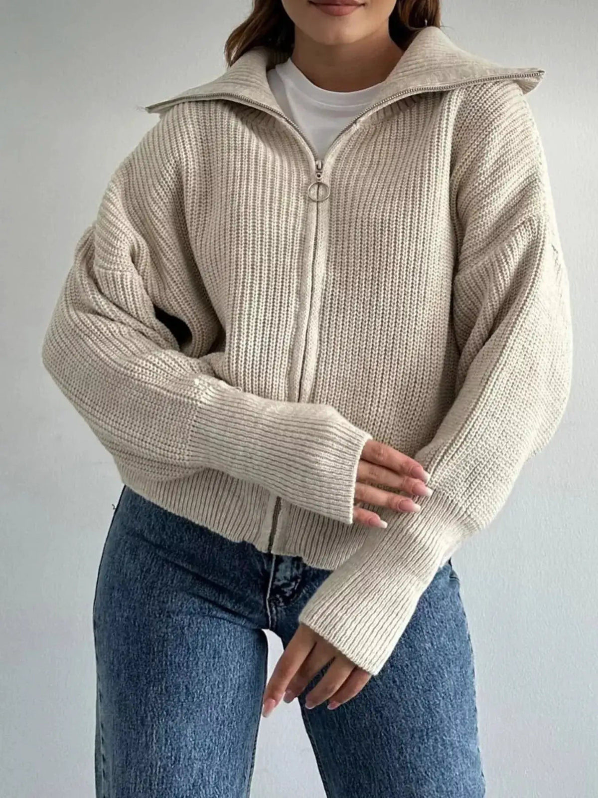 Zip Up Dropped Shoulder Cardigan - Bitsy Gypsy Boutique
