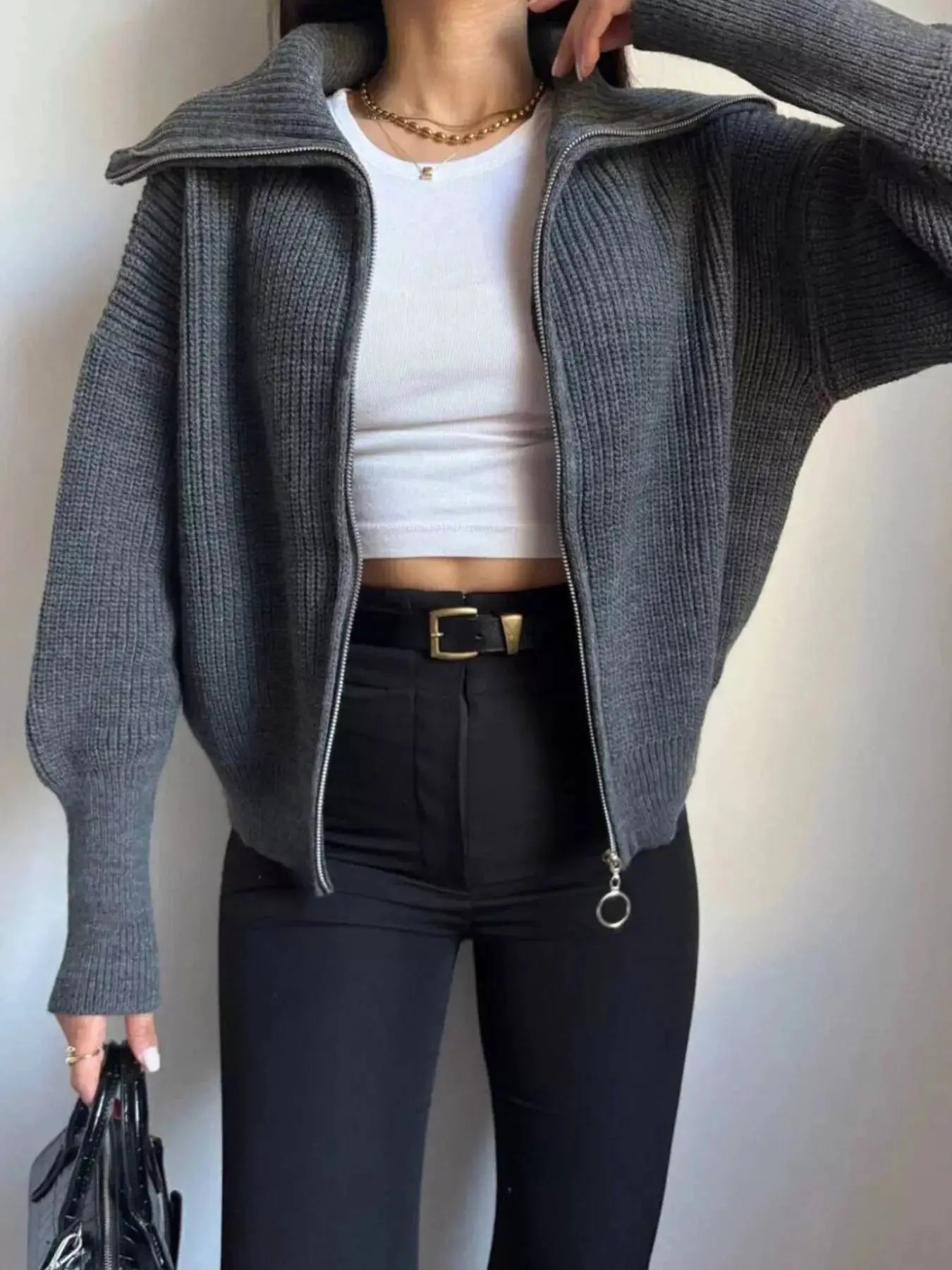 Zip Up Dropped Shoulder Cardigan - Bitsy Gypsy Boutique