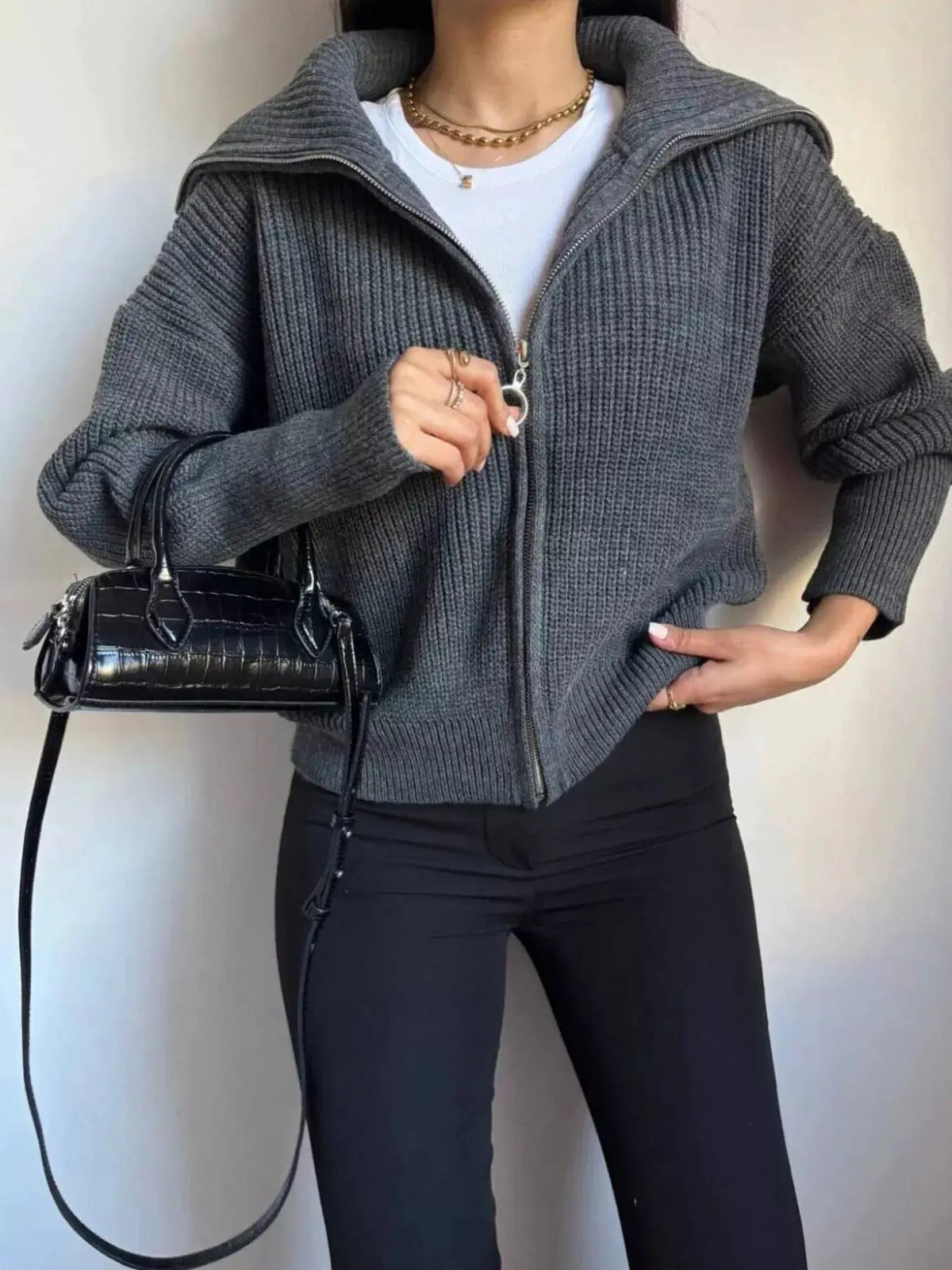 Zip Up Dropped Shoulder Cardigan - Bitsy Gypsy Boutique