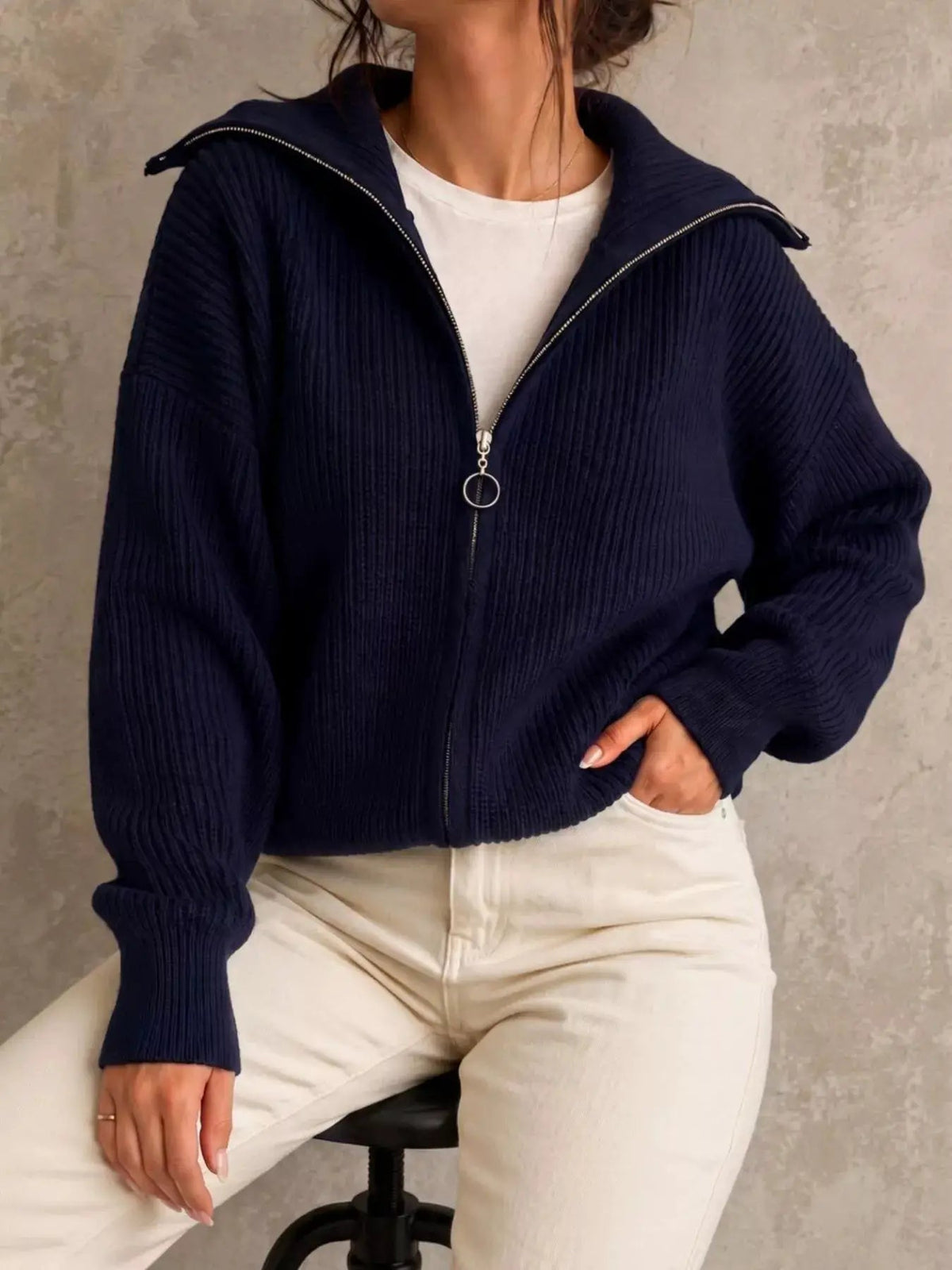 Zip Up Dropped Shoulder Cardigan - Bitsy Gypsy Boutique