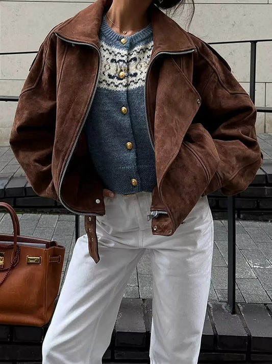 Zip Up Dropped Shoulder Moto Jacket by Trendsi