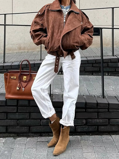 Zip Up Dropped Shoulder Moto Jacket by Trendsi