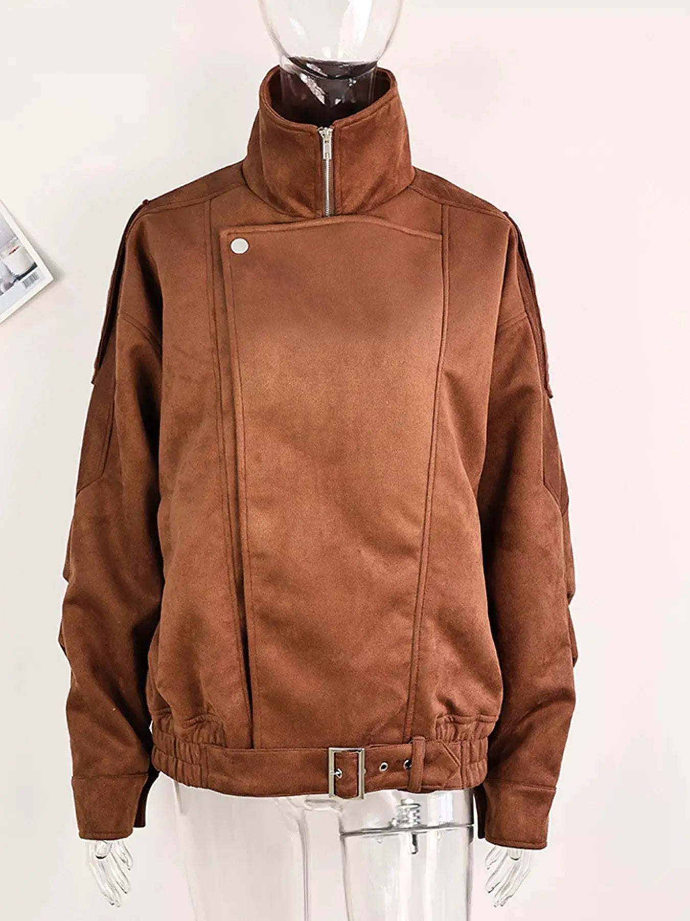 Zip Up Dropped Shoulder Moto Jacket by Trendsi