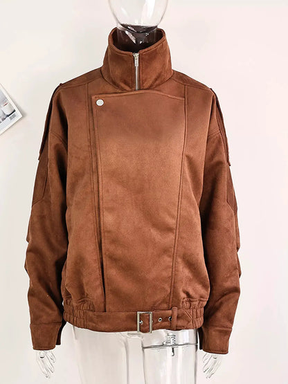 Zip Up Dropped Shoulder Moto Jacket by Trendsi