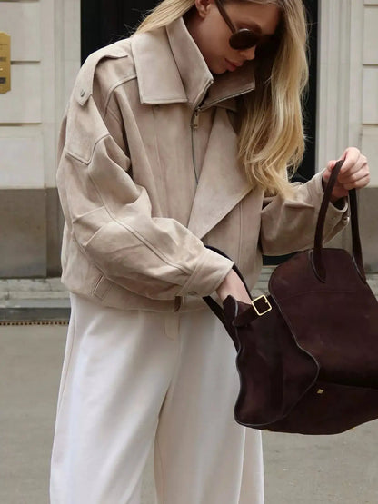 Zip Up Dropped Shoulder Moto Jacket by Trendsi