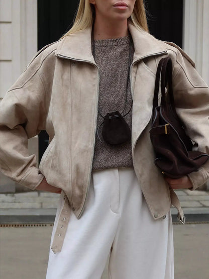 Zip Up Dropped Shoulder Moto Jacket by Trendsi