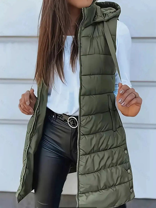 Zip Up Longline Hooded Puffer Vest Coat by Trendsi