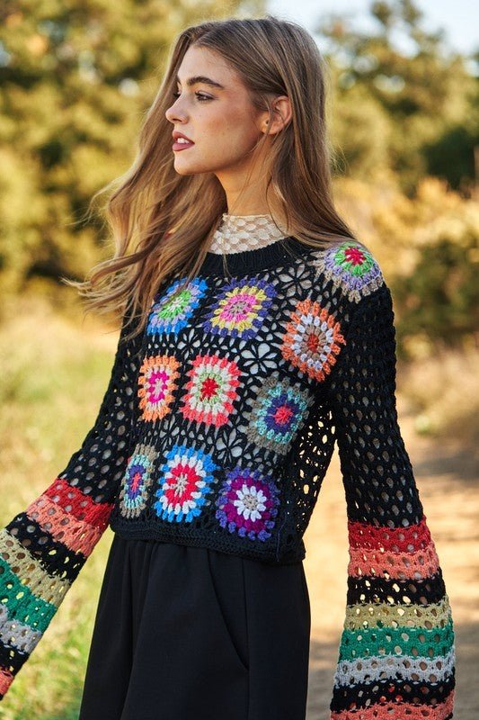 Floral Crochet Striped Sleeve Cropped Knit Sweater - Bitsy Gypsy Boutique