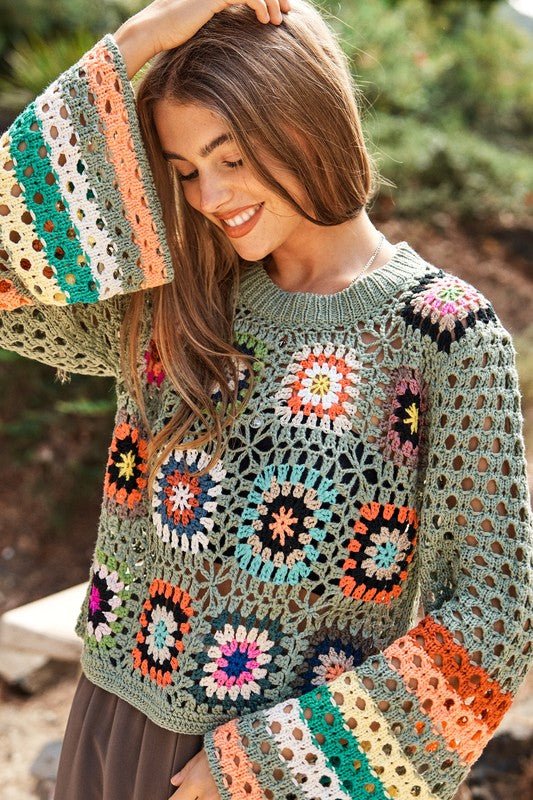 Floral Crochet Striped Sleeve Cropped Knit Sweater - Bitsy Gypsy Boutique